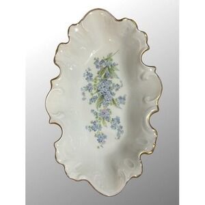 Limoges France GoldTrim Forget-Me-Not Floral Porcelain Scalloped Candy Dish Bowl